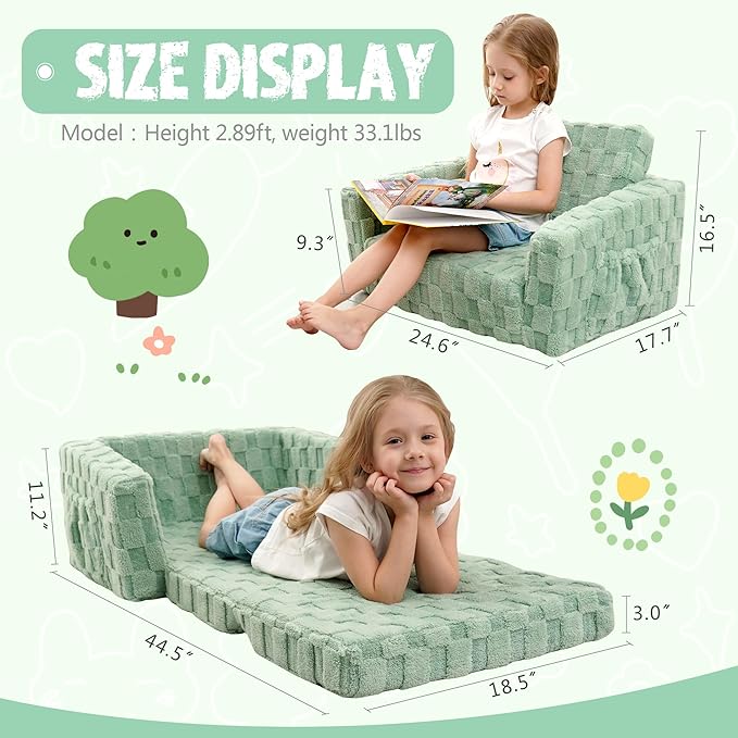 Kids Sofa, Toddler Chair, 2-in-1 Flannel Kids Fold Out Couch, Toddler Convertible Sofa to Lounger, Flip Open Toddler Couch for Kids (Green)