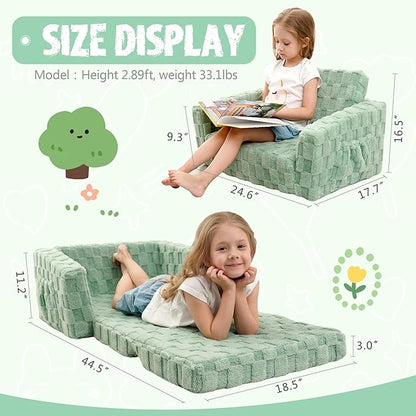 Kids Sofa, Toddler Chair, 2-in-1 Flannel Kids Fold Out Couch, Toddler Convertible Sofa to Lounger, Flip Open Toddler Couch for Kids (Green)