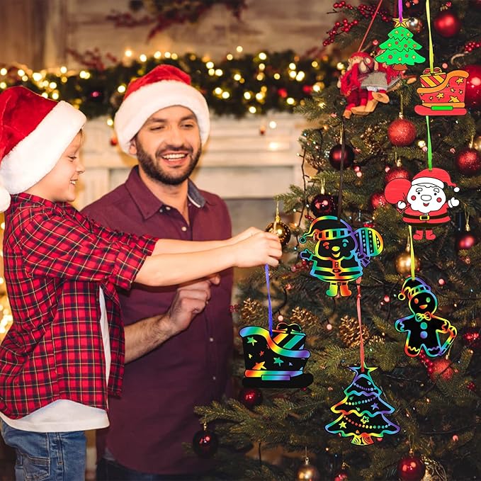 Max Fun Christmas Crafts Scratch Art for Kids, 96PCS Ornaments Rainbow Magic Color Scratch Off Cards Paper Hanging Art Craft Supplies Educational Toys Kit for Kid Party Favor