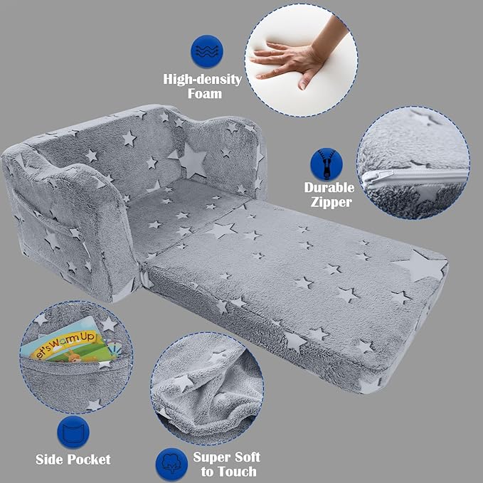 MeMoreCool Convertible Kids Sofa Chair with Blanket, Fold-Out Lounger for Playroom, Toddler Sofa for Girls and Boys (Glowing Star)