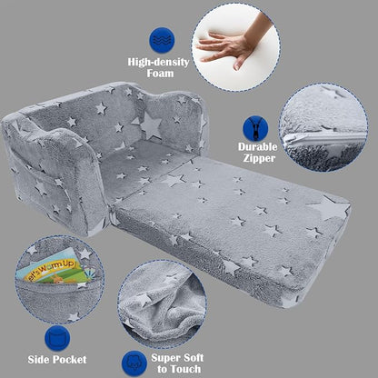 MeMoreCool Convertible Kids Sofa Chair with Blanket, Fold-Out Lounger for Playroom, Toddler Sofa for Girls and Boys (Glowing Star)