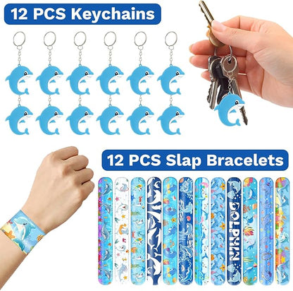 98 PCS Dolphin Party Favors, Dolphin Temporary Tattoos Slap Bracelets Keychains Stickers Badges for Dolphin Birthday Party Decorations Supplies Gifts for Kids Teens Boys Girls Classroom Rewards