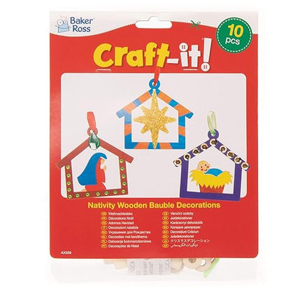 Baker Ross AX559 Nativity Wooden Bauble Decorations - Pack of 10, Christmas Tree Ornaments for Creative Art and Craft Activities to Paint and Decorate