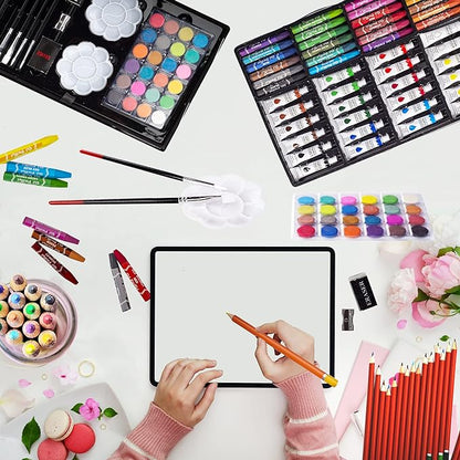 KINSPORY Art Supplies, 139 Pack Painting Drawing Art Kit with 2 Sketch Pads, Deluxe Double Layers Art Set Crafts, Colored Pencils, Oil Pastels, Watercolor Paints, Gift for Artists Kids (Yellow)