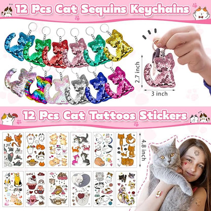 158Pcs Cat Party Favors Set with Cat Headband Keychains Tattoo Stickers Erasers Slap Bracelets Hairpin Goodie Bags Cat Party Supplies Cat Birthday Decorations Girl Party Favors