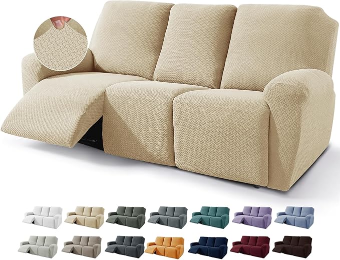 JIVINER 8-Piece Recliner Sofa Covers Stretch Jacquard Couch Covers for Recliner Slipcovers for Living Room 3 Cushion Soft Recliner Protector with Pocket (Sofa Recliner, Light Beige)
