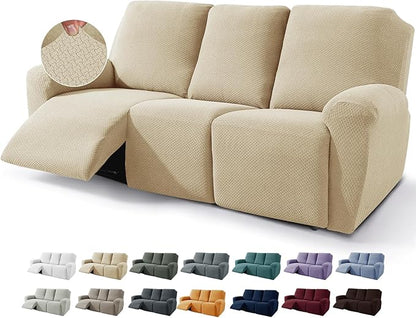 JIVINER 8-Piece Recliner Sofa Covers Stretch Jacquard Couch Covers for Recliner Slipcovers for Living Room 3 Cushion Soft Recliner Protector with Pocket (Sofa Recliner, Light Beige)