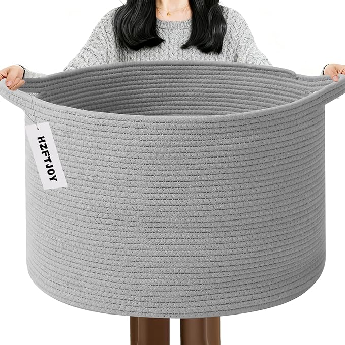 65L Large Blanket Basket,Cotton Rope Woven Storage Basket with Handles, Laundry Hamper for Toys, Clothes, Pillows & Towels, Perfect for Living Room, Nursery & Bedroom,Light Gry
