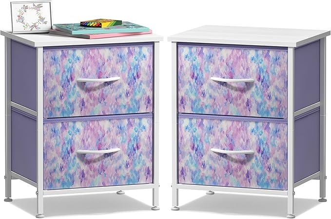 Sorbus Nightstand with 2 Drawers - Kids Bedside Furniture End Table Night Stand - Steel Frame, Wood Top & Easy Pull Fabric Bins - Dresser & Chest for Home, Bedroom Accessories, Office & Dorm (2 Pack)