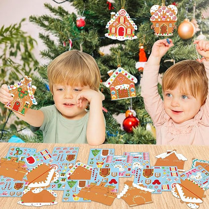 GuassLee Christmas Ornaments Art and Crafts for Kids - 28pcs DIY Christmas Gingerbread House Cutouts with Christmas Lollipop Candy Cane Stickers for Xmas Tree Home Party Favors Classroom Art Activity