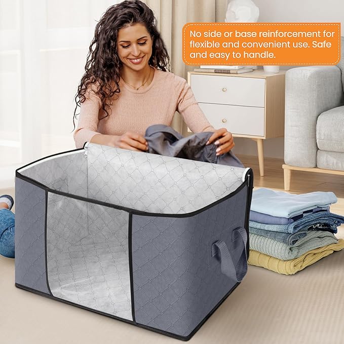 Fab totes 24 Gallons Clothes Storage, Foldable Thick Fabric Blanket Storage Bags, Containers for Organizing Bedroom, Closet, Clothing, Comforter, Organization with Handle (6 Pack,Grey)