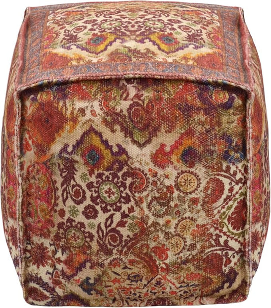 COTTON CRAFT Printed Pouf - Ottoman Foot Stool Bean Bag - Dorm Kids Room Bedroom Home Décor Accent Seating - Boho Modern Comfortable Prefilled Cotton Square Pouf Footrest - 17x17x17 inch - Coral Multi
