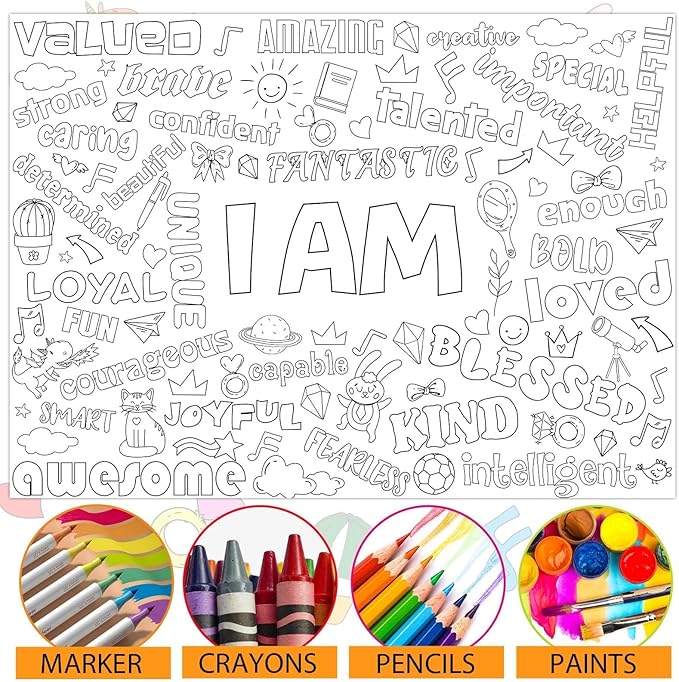 Naozinebi Positive Affirmations Coloring Poster for Children Kids Giant Coloring Poster Large Positive Coloring Tablecloth Jumbo Coloring Books for kids Classroom Home Birthday Party Supplies Favor