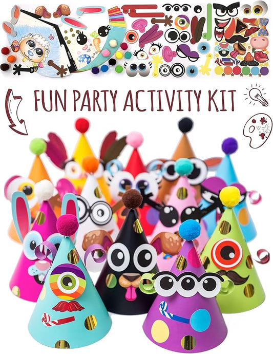 Glittery Garden 24 Pcs Party Hats Birthday Activity Kit with Stickers - Kids Fun Arts & Crafts. Make Your Own Animal & Monster Theme Party Favors & Game Supplies
