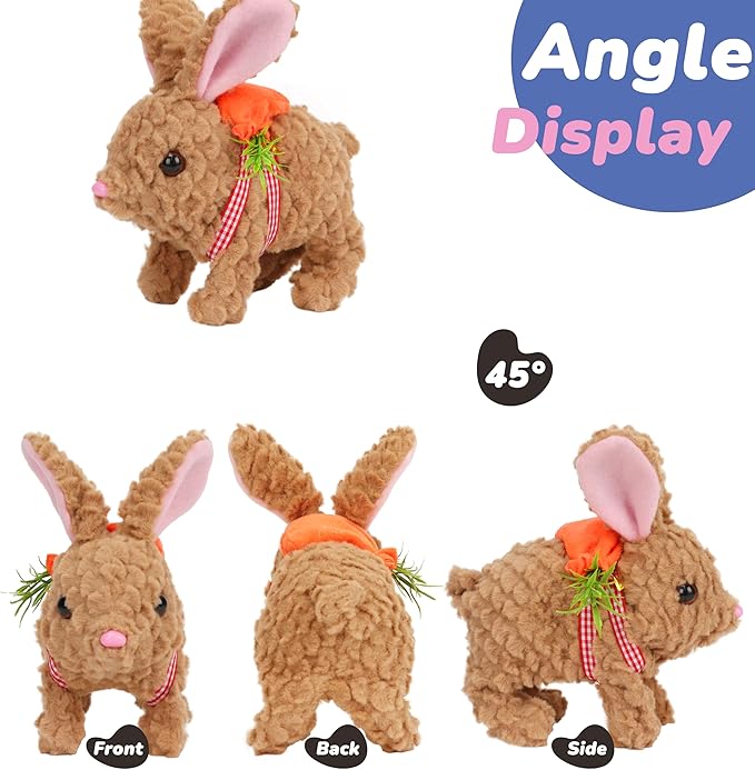 Hopearl Hopping Rabbit with LED Ears Carrot Backpack Interactive Plush Bunny Toy with Sounds Animated Walking Wiggle Light up Ears Twitch Nose Gift for Toddlers, Brown, 7''