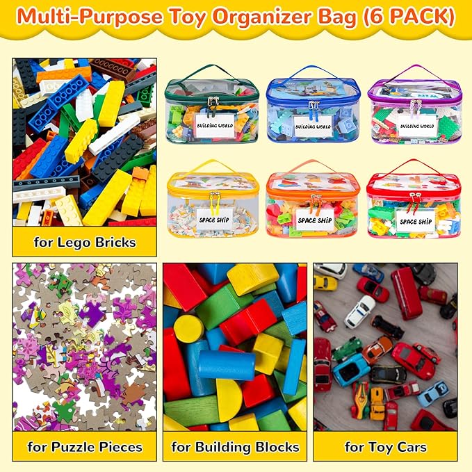 Tesuko 6 Pack Clear Toy Storage Bag with Name Tag& Manual Pocket, Waterproof Transparent PVC Toy Organizer Case for Lego Bricks, Board Games, Building Blocks, Puzzles (Large Capacity, Colorful)