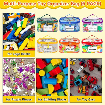 Tesuko 6 Pack Clear Toy Storage Bag with Name Tag& Manual Pocket, Waterproof Transparent PVC Toy Organizer Case for Lego Bricks, Board Games, Building Blocks, Puzzles (Large Capacity, Colorful)