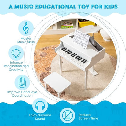 GLACER Classical Kids Piano, 30 Keys Wood Toy Grand Piano w/Bench Music Stand Full-Size Keys, Charming Tones & Sounds, Musical Instrument Educational Toy for Girls and Boys (3 Straight Leg-White)