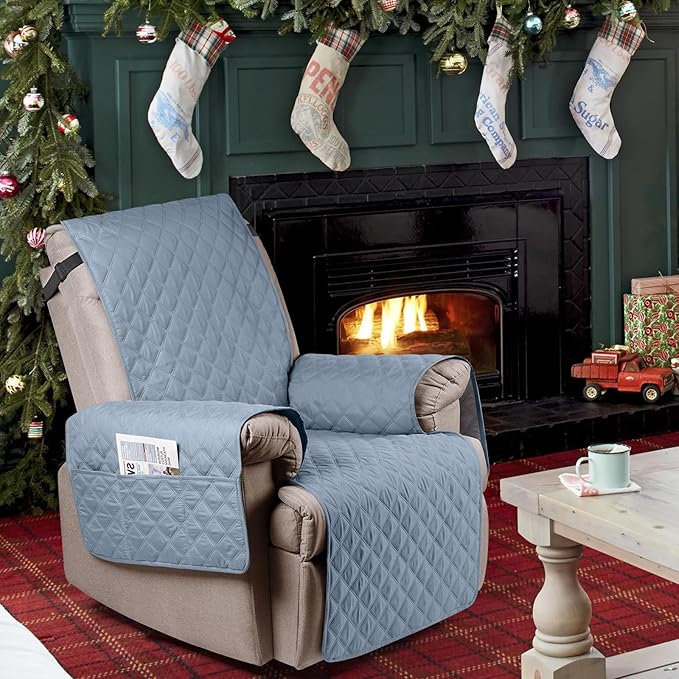 Ruaozz 100% Waterproof Recliner Chair Cover Non-Slip Oversized Reclining Cover for Large Recliner Chair Washable Chair Seat Cover with Elastic Straps for Kids, Dogs, Pets (Pastel Blue, 28'')