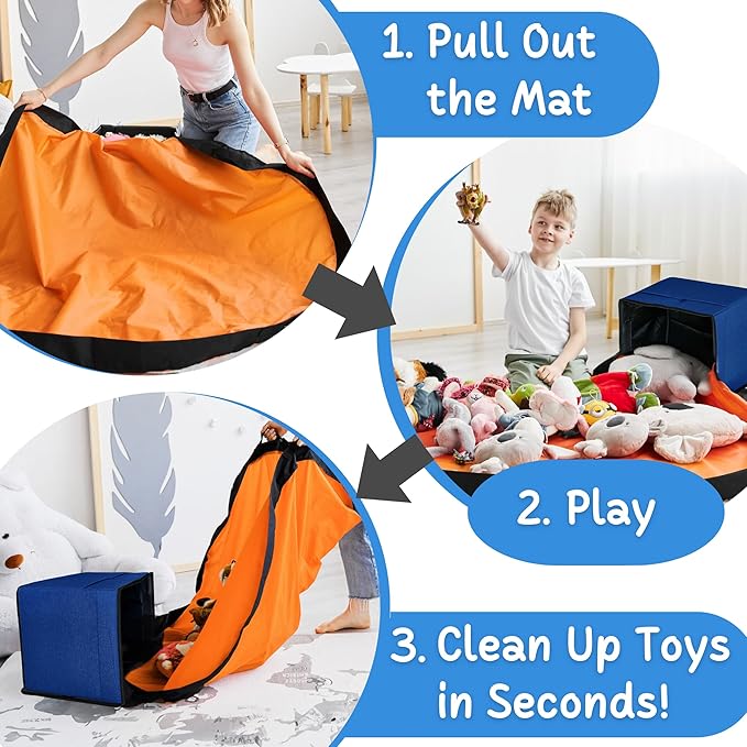 XL Toy Storage Organizer with Play Mat - Storage Bag/Box for Kids, Boys, Girls, Nursery, Playroom - Basket for Building Bricks/Blocks - Collapsible Fabric Cube Bin, 13"x13"x15"
