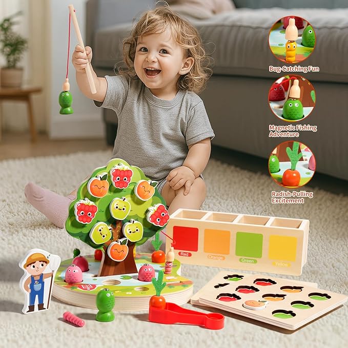 INIFEIDALA Montessori Wooden Preschool Educational Toy Ages 3-5 - Apple Picking Magnetic Fruit Tree, Shape Color Sorter, Carrot Harvest & Fishing Game - Fine Motor Skills Development