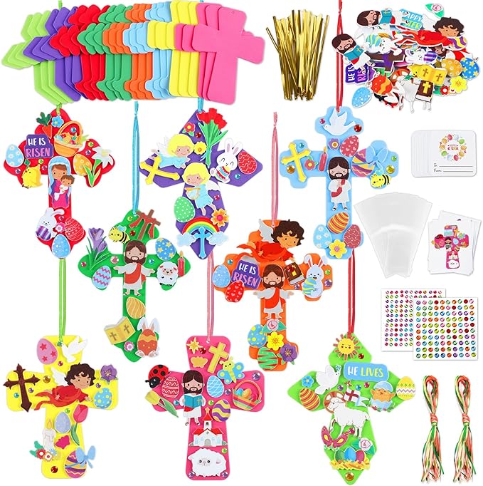 Qyeahkj 32 Sets Sunday School Foam Craft for Kids He is Risen Bookmark Craft DIY Easter Religious Craft Kit Easter Egg Bunny Foam Stickers Cross Craft for School Home Activities Party Favor