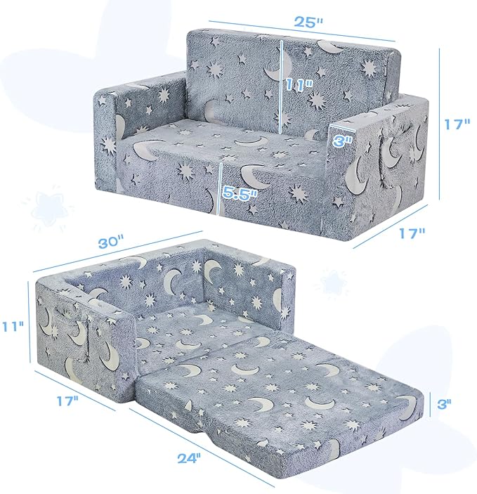 Toddler Couch, Toddler Chair Folding, Kids Couch 2 in 1, Kids Sofa for Playroom-Extra Soft 2 Seats, Glow in The Dark Open Couch, Gifts for Kids, Sleeper for Girls Boys, Grey Blue
