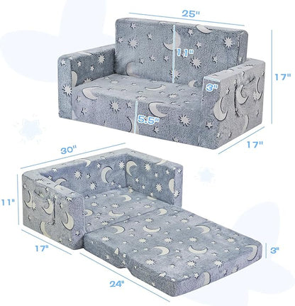 Toddler Couch, Toddler Chair Folding, Kids Couch 2 in 1, Kids Sofa for Playroom-Extra Soft 2 Seats, Glow in The Dark Open Couch, Gifts for Kids, Sleeper for Girls Boys, Grey Blue