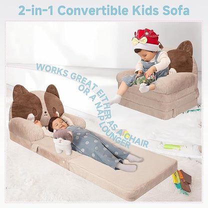 MONKISS 2-in-1 Toddler Couch Chairs Comfy, Kids Chair Couch, Mini Couch, Flip Out Sherpa Kids Sofa, Baby Couch, Chair for Toddlers 1-3, Kids Lounge Chair Reading Chair, Kids Couch Bed Fold Out, Dog