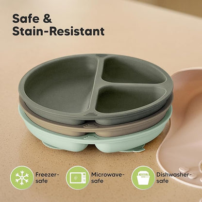 KeaBabies Suction Plates for Baby, Toddler - 3-Pack 100% Silicone Toddler Plates, Divided Baby Plates with Suction, Silicone Plates for Baby, Kids, BPA-Free, Microwave, Dishwasher Safe (Marsh)