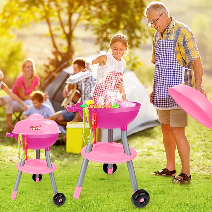 deAO Kids BBQ Grill Playset,36 Pcs Kitchen Toy with Realistic Smoke,Light,6Pcs Change Color Pretend Foods,Cutting Foods Toys,Interactive BBQ Toy Set for Kids