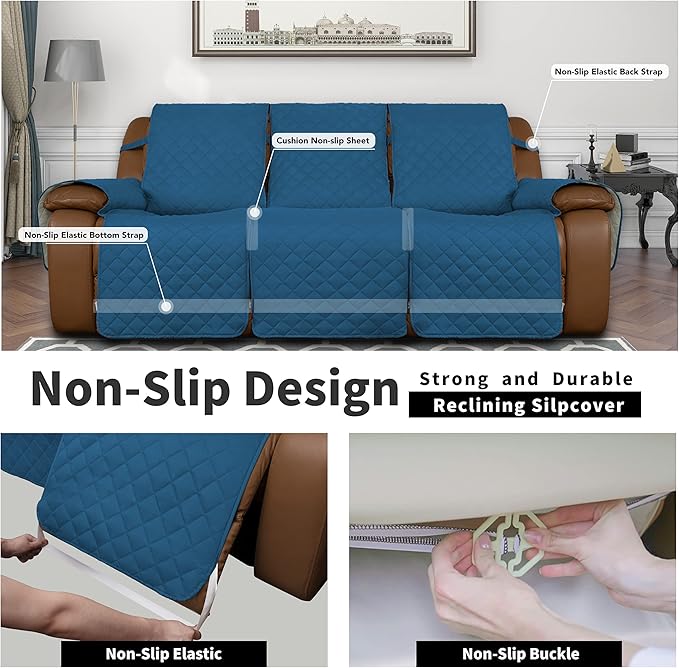 Easy-Going Recliner Sofa Cover, Reversible Couch Cover for 3 Seat Recliner, Split Sofa Cover for Each Seat, Furniture Protector with Elastic Straps for Dogs, Pets(3 Seater, Peacock Blue/Beige)