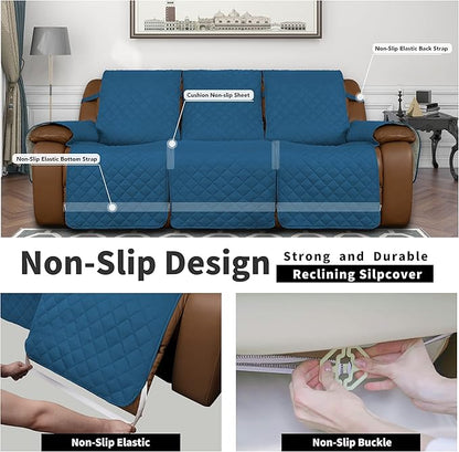 Easy-Going Recliner Sofa Cover, Reversible Couch Cover for 3 Seat Recliner, Split Sofa Cover for Each Seat, Furniture Protector with Elastic Straps for Dogs, Pets(3 Seater, Peacock Blue/Beige)