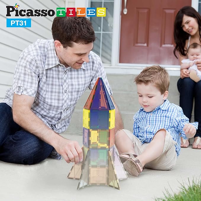 PicassoTiles UV Activated Color Changing Rocket Set Magnet Construction Toy Kit Engineering STEM Learning Playset Child Brain Development Stacking Blocks Playboard for All Ages 3 and Up PT31