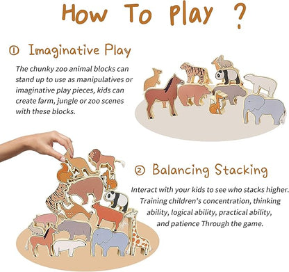 Xylolin Wooden Zoo Animal Blocks Stacking and Balancing Toy, Toddler Wood Animal Figures Blocks Imaginative Play, Preschool Educational Toys and Stack Balance Games for Kids