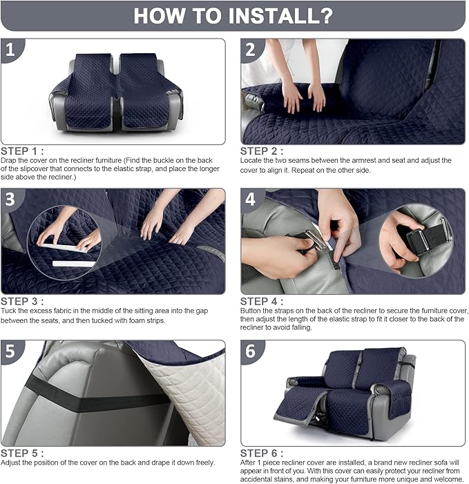 TAOCOCO Loveseat Recliner Cover Non-Slip Sofa Slipcover, Pet Cover for Loveseat Recliner with Elastic Straps, Washable Reclining Loveseat Cover Recliner Furniture Protector (2 Seater, Dark Blue)