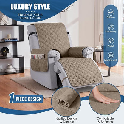 TAOCOCO 100% Waterproof Recliner Covers, Recliner Sofa Covers with Leg Straps, Reversible Recliner Couch Cover for Reclining Chair, Washable Couch Protector for Pets Kids(1 Seater 22", Khaki)