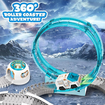 Construction Race Track, Space Train Track Set, 205 PCS DIY Flexible Tracks Play Set for Boys 4-7 with Light up Space Car Station Astronaut, for Toddlers Kids Girls 3-12