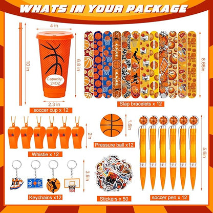122 Pcs Basketball Party Favors Set Basketball Goodie Bags Stuffers Includes Cups with Straw Mini Stress Ball Keychains Slap Bracelets Whistles Stickers Pens for Birthday Party Supplies