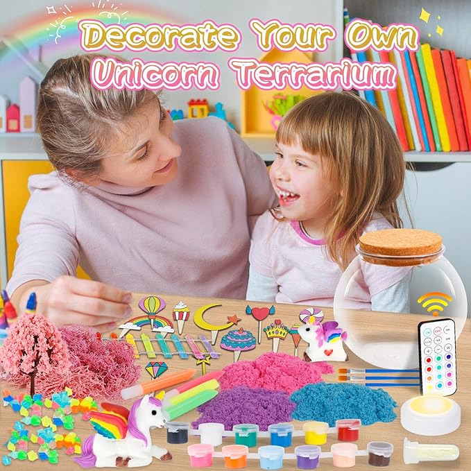 Unicorn Terrarium Kit for Kids - Arts & Crafts Activities Kit with Glow in The Dark Painting - DIY Unicorn Toys Birthday Gifts for Girls Age 5, 6, 7, 8, 9, 10, 11 & 12 Year Old