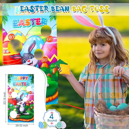 Hiboom 38 Pcs Easter Party Games for Adults, Include Potato Sack Race Bags Easter Bean Bag Toss Game 3 Legged Race, Egg Spoon Race Game, Inflatable Bunny Ring Toss Game for Easter Games