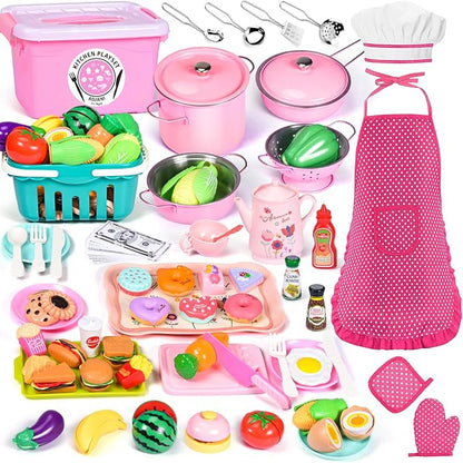 121Pcs Play Kitchen Accessories, Kids Kitchen Playset, Pretend Play Food Tea Party Set, Toy Kitchen Kids Cooking Real with Apron＆Chef Hat, Utensils Cookware Pots＆Pans, Toy Organizer, Toddler Toys Gift