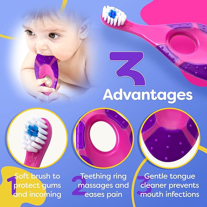 Trueocity Baby Toothbrush 4 Pack & Bonus Silicone Finger Brush, Soft Bristles, Toddler Toothbrushes, Infant & Training w/Teething Handle, 0-2 Years, Pink Set