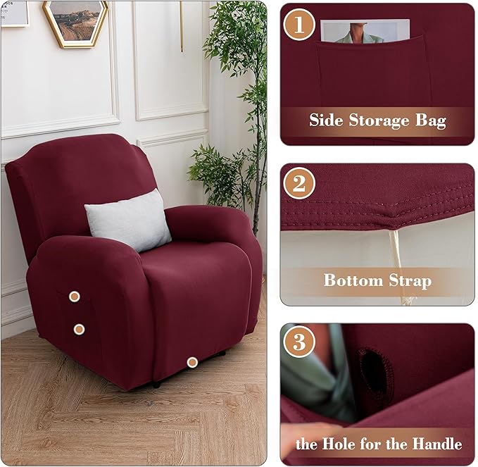 Jin Le 4 Pieces Recliner Cover Stretch Recliner Chair Cover 1 Seater Recliner Couch Covers Sofa Covers Stretch Soft Furniture Protector with Elastic Bottom and Ties for Kids Pet(Recliner, Burgundy)