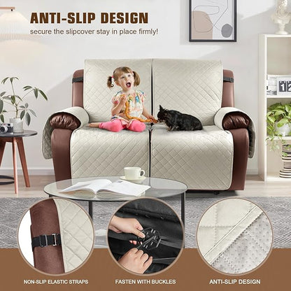 KinCam Waterproof Loveseat Recliner Cover, Non-Slip Reclining Couch Covers for 2 Seat, Recliner Sofa Cover Furniture Protector with Elastic Straps for Kids, Pets, Ivory