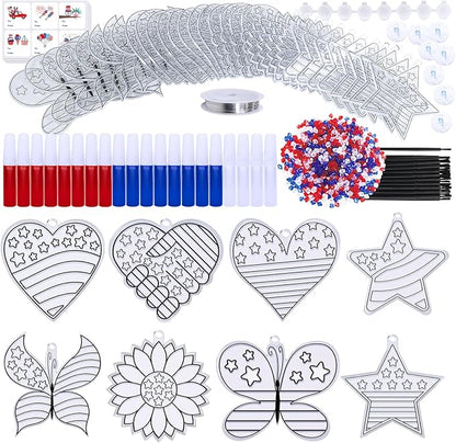 24 Sets Patriotic Suncatchers Ornaments Decorations DIY Window Paint Art Stickers Craft Kit American Star Heart Sun Catchers for Kids Classroom Patriotic 4th of July Activity Art Projects Party Favors