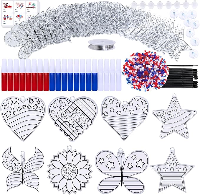 24 Sets Patriotic Suncatchers Ornaments Decorations DIY Window Paint Art Stickers Craft Kit American Star Heart Sun Catchers for Kids Classroom Patriotic 4th of July Activity Art Projects Party Favors