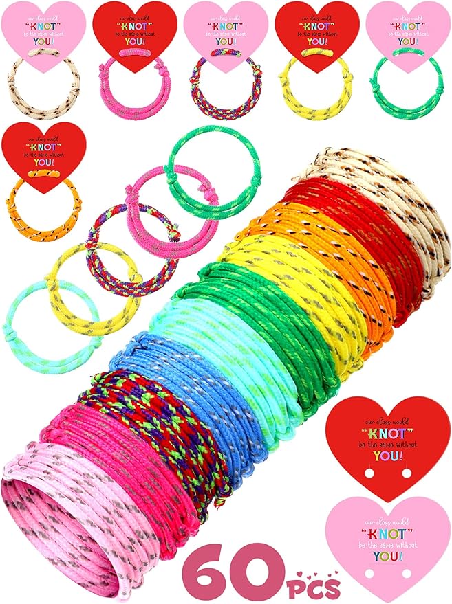 Junkin 60 Sets Valentine Knot Bracelets with Cards Our Class Will Knot Be the Same Without You Classroom Valentines Exchange Gifts Friendship Bracelets Cards for Kids Party Favors (Heart Card)