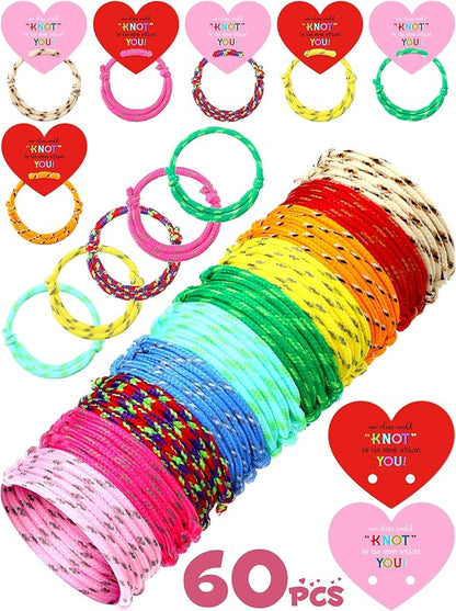 Junkin 60 Sets Valentine Knot Bracelets with Cards Our Class Will Knot Be the Same Without You Classroom Valentines Exchange Gifts Friendship Bracelets Cards for Kids Party Favors (Heart Card)