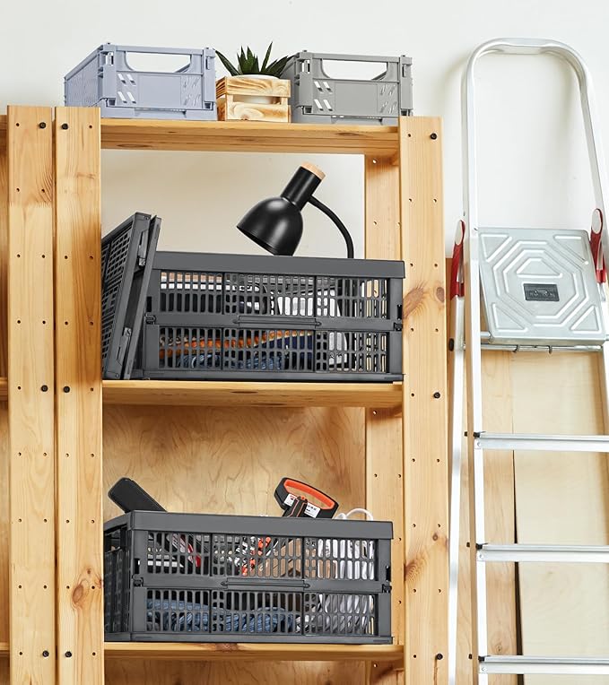 HUUSMOT 2-Pack Pastel Plastic Storage Baskets, Collapsible Crates for Organizing, Space-Saving Bins for Classroom, Kitchen, Office, Bedroom (Dark Grey, 19" x 13" x 9")